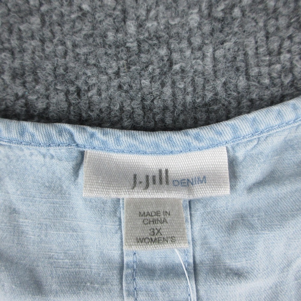 J. Jill Denim Blouse Womens 3X Blue Oasis Wash Short Sleeve Chambray Pocket Top - Picture 2 of 10